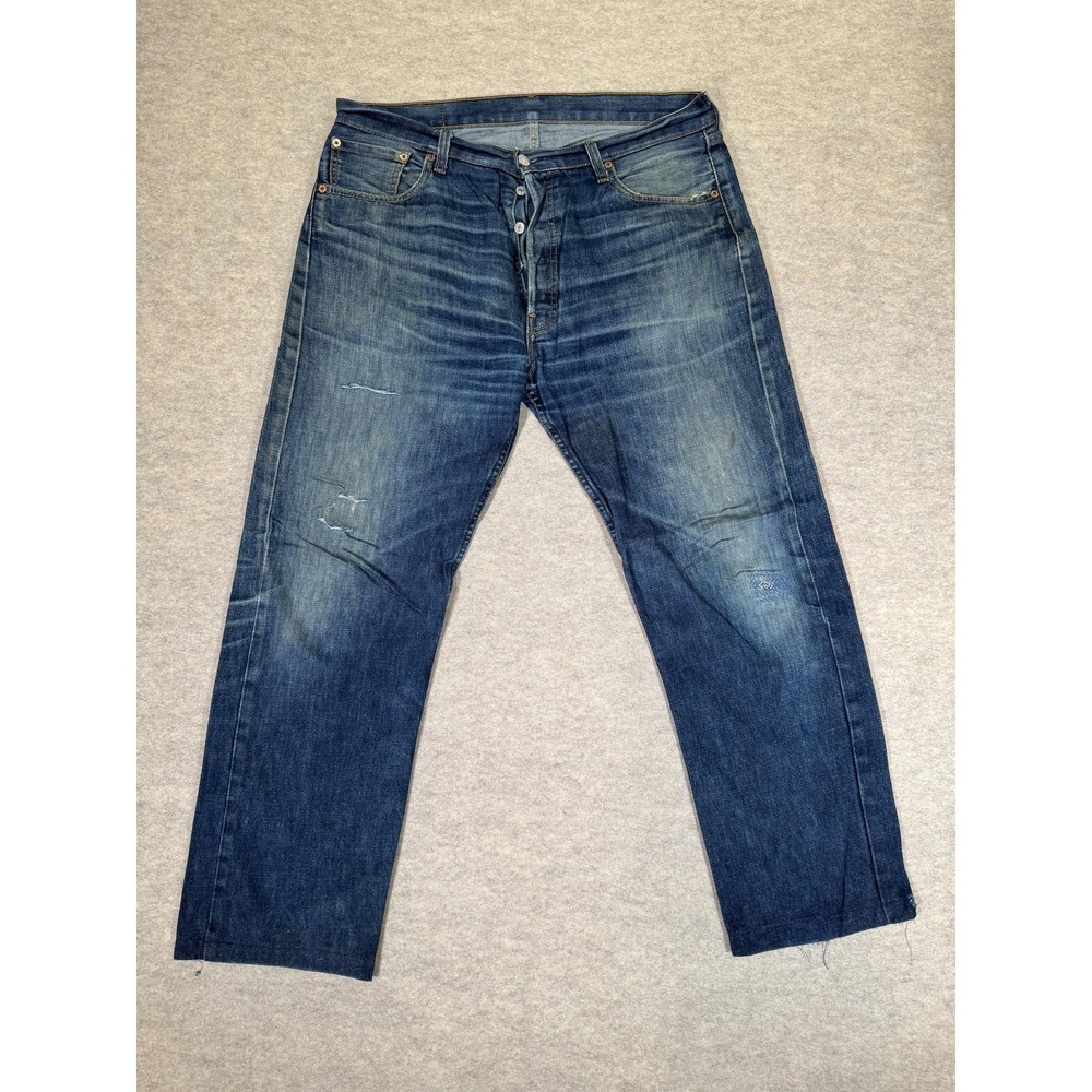 Levis 501 Jeans Mens 36x34 Medium Wash Blue Straight Leg Button Fly Distressed